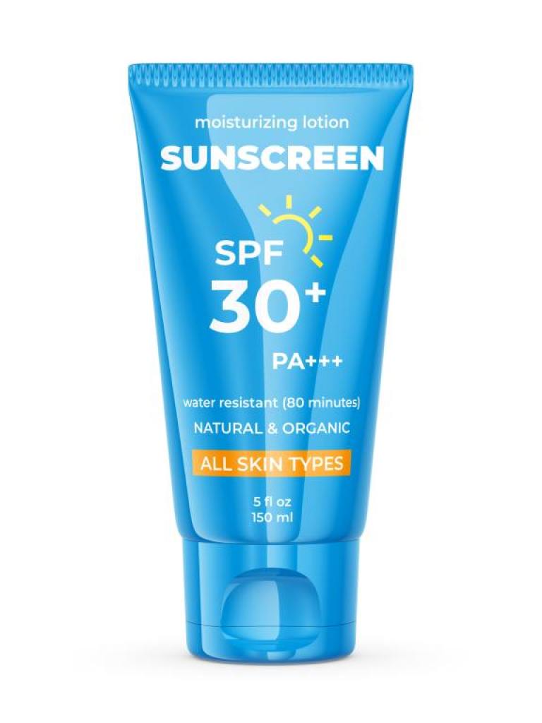 Sun protection lotion with SPF 30. Blue tube contaiber with sunscreen isolated on white background. 3D illustration