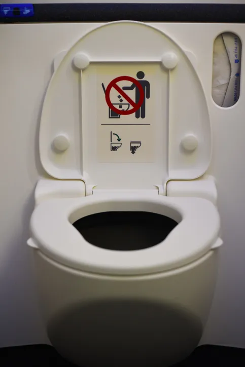 Airplane lavatory toilet with the lid up.